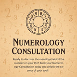 Advertisement for numerology consultation with a circular design and numbers on a beige background.