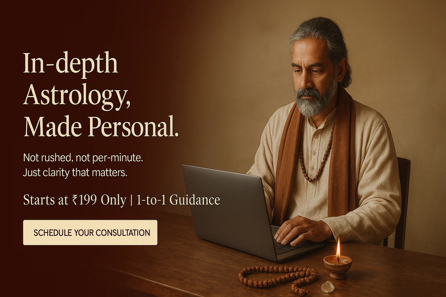 Man using a laptop with text about astrology consultation on a brown background