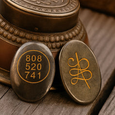 Bronze buttons with engravings on a wooden surface