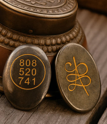 Bronze buttons with engravings on a wooden surface