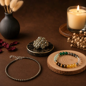 Gajalakshmi Rajyog Combo — Dhan Yog Bracelet + Pyrite Anklet + Raw Pyrite Cluster