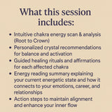 Text description of a session including chakra energy scan, personalized crystal recommendations, and guided healing rituals on a beige background.