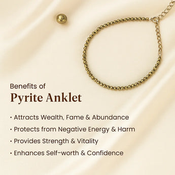 Benefits of pyrite anklet on a beige background