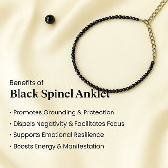 benefits on black spinel anklet on a beige background 