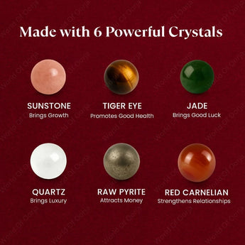 Six crystals with their names and effects on a red background