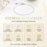Benefits of Clear Quartz anklet with energy-enhancing properties on a decorative background