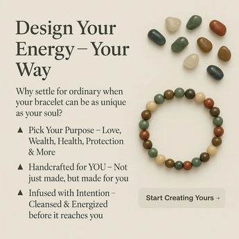 Advertisement for a customizable bracelet with stones and text on a beige background