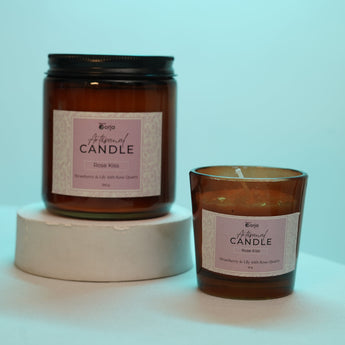 Mini Rose Quartz crystal candle with strawberry and lily petal aroma