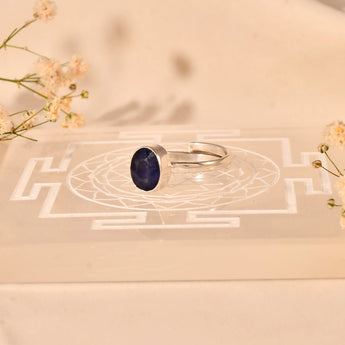 Blue sapphire ring with a polished finish, set in high-quality 925 sterling silver
