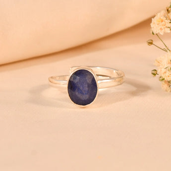 Blue sapphire ring with a polished finish, set in high-quality 925 sterling silver