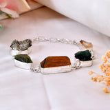 Raw Dhan Yog Bracelet made with natural Pyrite, Citrine, Tiger Eye, Green Aventurine, and Jade crystals for wealth, prosperity, and abundance attraction. Energized crystal bracelet for money luck and success.
