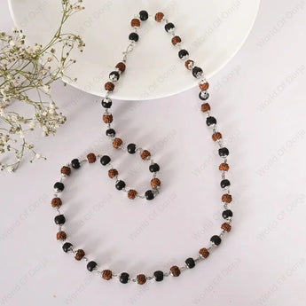 Handcrafted Rudraksha and Karungali Mala with silver plated beads by World of Oorja