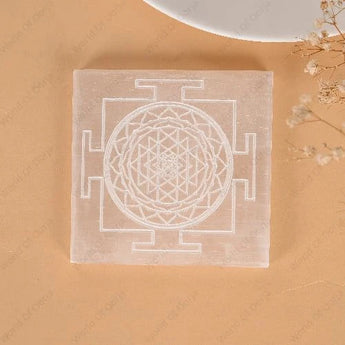 Selenite Plate - Shree Yantra Engraved for Gemstone Charging