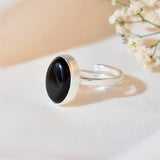 Natural Black Obsidian Ring Adjustable set in silver 