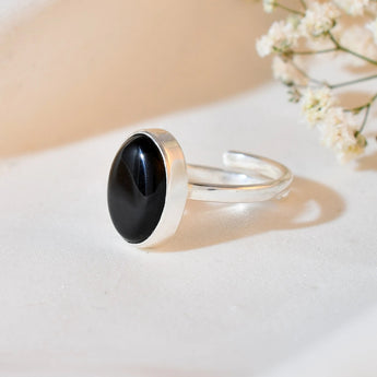 Natural Black Obsidian Ring Adjustable set in silver 