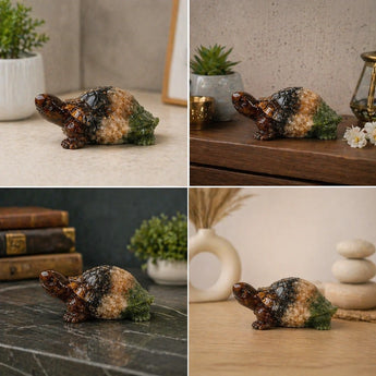 Collage of a Dhan Yog Tortoise figurine in various settings with plants and decor items.