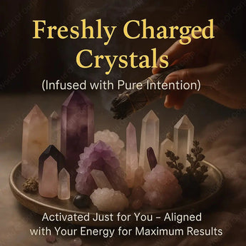 Collection of crystals on a tray with a hand holding a brush, labeled 'Freshly Charged Crystals'.