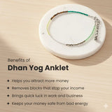 Dhan Yog anklet on a white plate with text about its benefits on a beige background