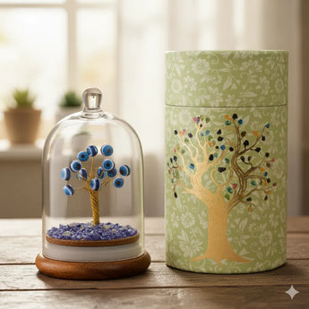 Decorative items including a tree inside a glass dome and a cylindrical container with a tree design on a wooden surface.