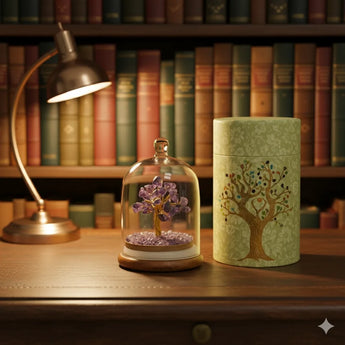 Decorative items on a wooden surface with a bookshelf in the background
