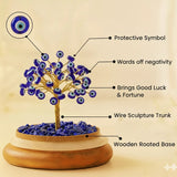 Decorative tree with evil eye beads and a protective symbol, labeled for its properties.