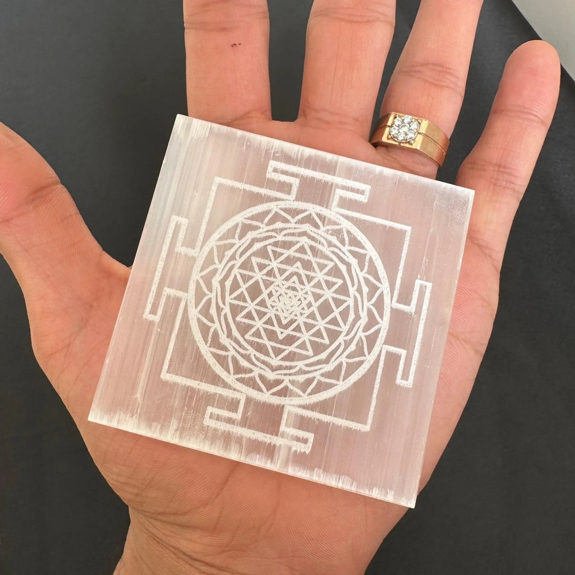 Gemstone Charging Selenite Plate - Shree Yantra Engraved - WorldOfOorja