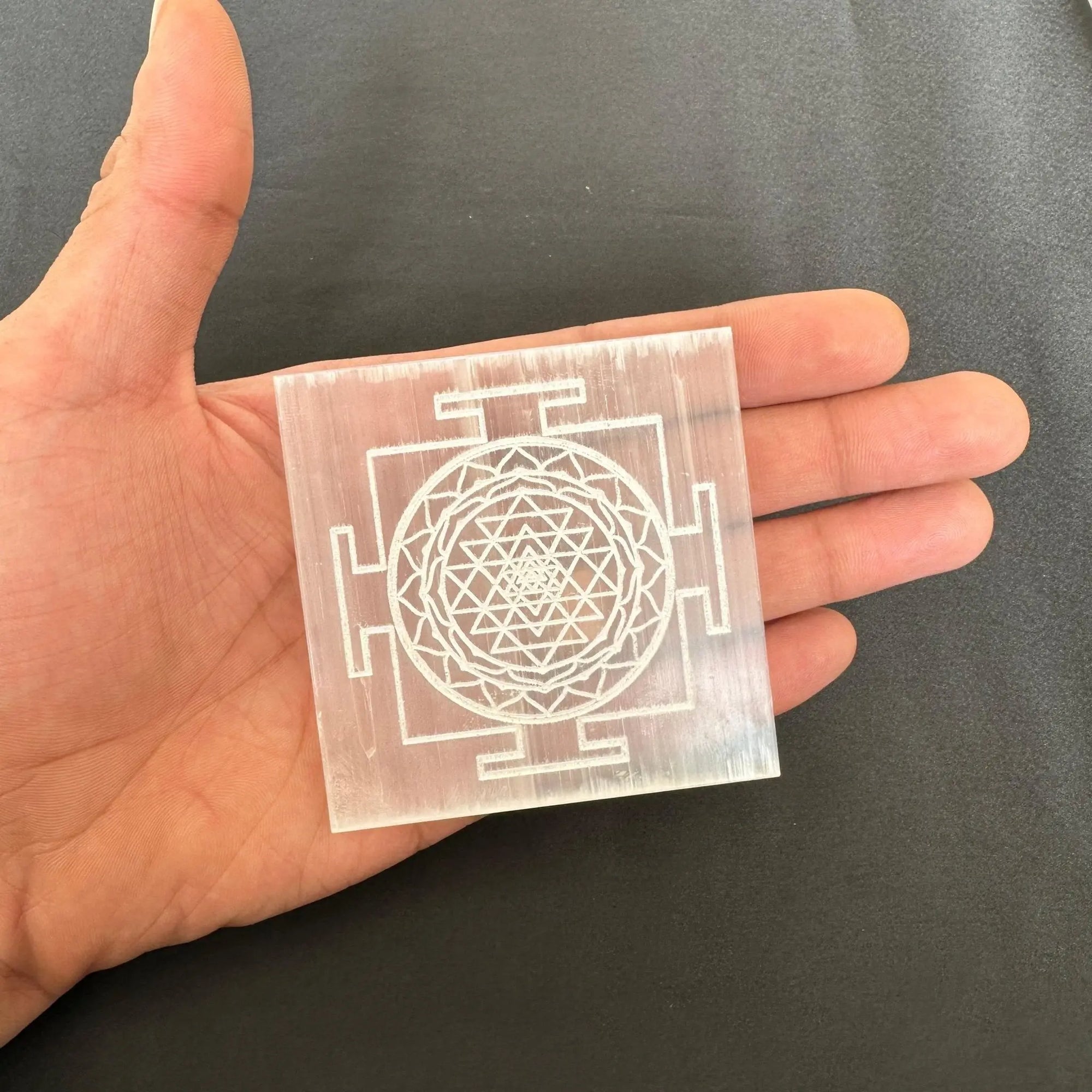 Gemstone Charging Selenite Plate - Shree Yantra Engraved - WorldOfOorja