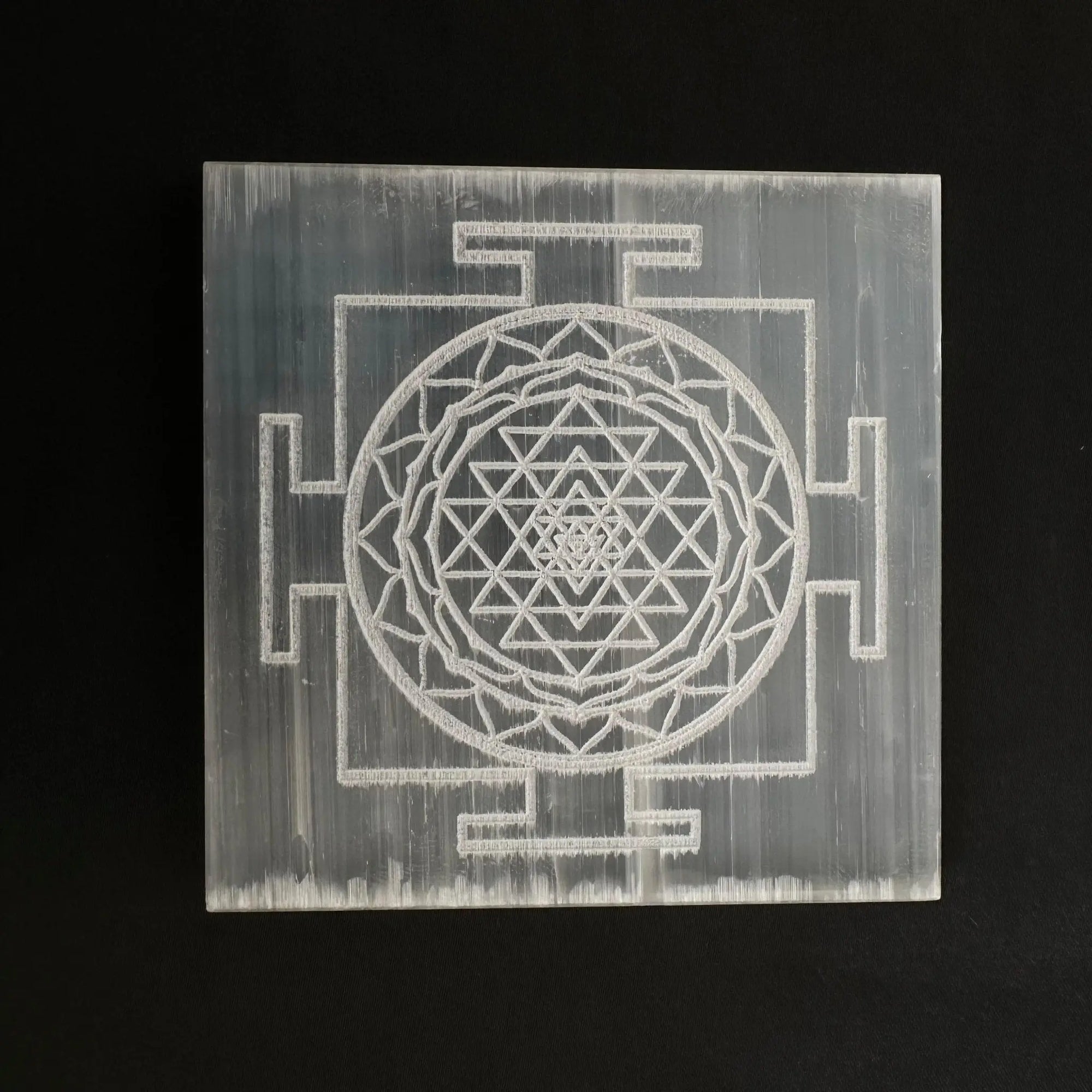 Gemstone Charging Selenite Plate - Shree Yantra Engraved - WorldOfOorja