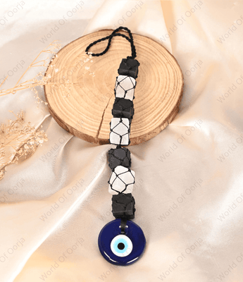 Black Tourmaline & Selenite Cubes with Evil Eye Hanging Charm