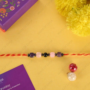 Heart Harmony sacred thread with Rose Quartz, Amethyst, and Black Obsidian crystals