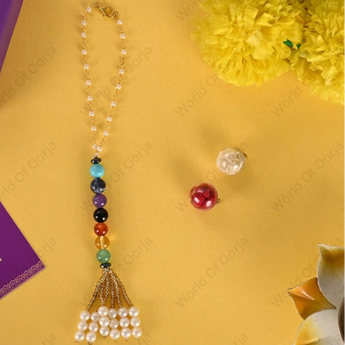 Colorful beaded rakhi with a card on a yellow background