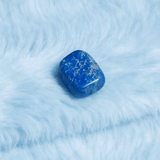 Lapis lazuli tumble stone on a textured blue surface