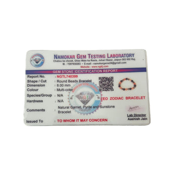 Gem Testing Laboratory certification for Leo Zodiac Bracelet on a white background