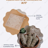 Cleansing and charging kit with crystal charging plate, crystal/home cleansing stick, and bowl of sage.