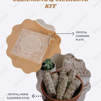 Cleansing and charging kit with crystal charging plate, crystal/home cleansing stick, and bowl of sage.