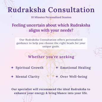 Advertisement for Rudraksha Consultation service with text and abstract designs on a purple background.