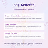 Key benefits of a Rudraksha consultation on a purple background with text and minimal design elements.