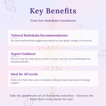 Key benefits of a Rudraksha consultation on a purple background with text and minimal design elements.