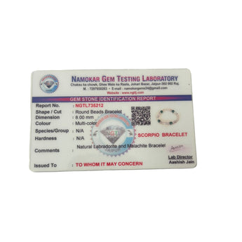 Gem Testing Laboratory certification for Scorpio Zodiac Bracelet on a white background