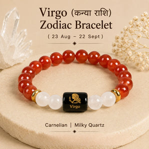 Virgo Zodiac bracelet made of red carnelian beads, white milky quartz beads, and a central black cube charm with a gold Virgo zodiac symbol. The bracelet is displayed on a beige textured surface with decorative crystals and dried flowers in the background, with text overlays describing the product.