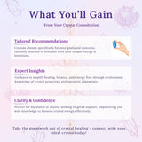 Promotional text about crystal consultation benefits on a purple background with crystal graphics.