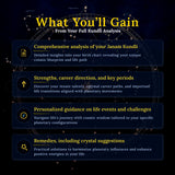 Promotional text for a full Kundli analysis with benefits listed on a dark background.