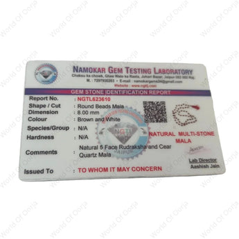 Lab tested Natural 5 face Rudraksha and clear Quartz mala