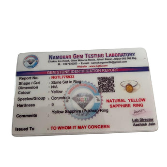 Gemstone identification report from Namokar Gem Testing Laboratory on a white background