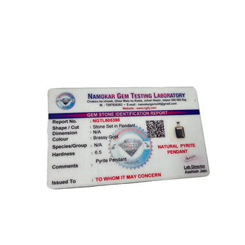 Lab test certificate for pyrite pendant rectangle shaped on a white background