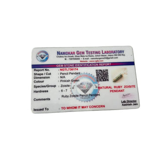 lab testing certificate of authenticity for ruby zoisite pencil pendant