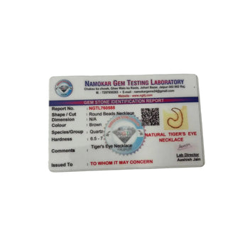 Gem Testing Laboratory identification card  of tiger eye necklace on a white background