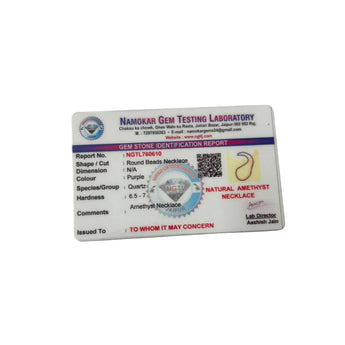 Gem Testing Laboratory certification card for amethyst necklace on a white background