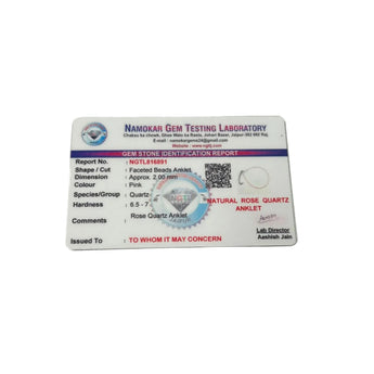 Gem Testing Laboratory certificate for a natural rose quartz anklet on a white background