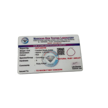 Gem Testing Laboratory certification report for natural ruby anklet on a white background